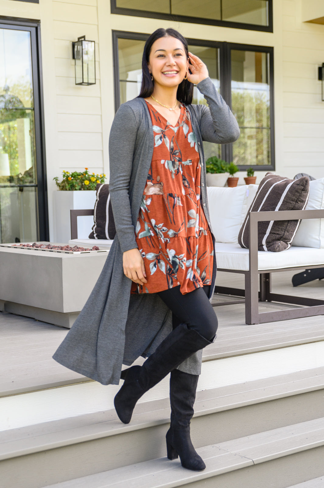 Lovely Meeting Tiered Floral Tunic In Rust