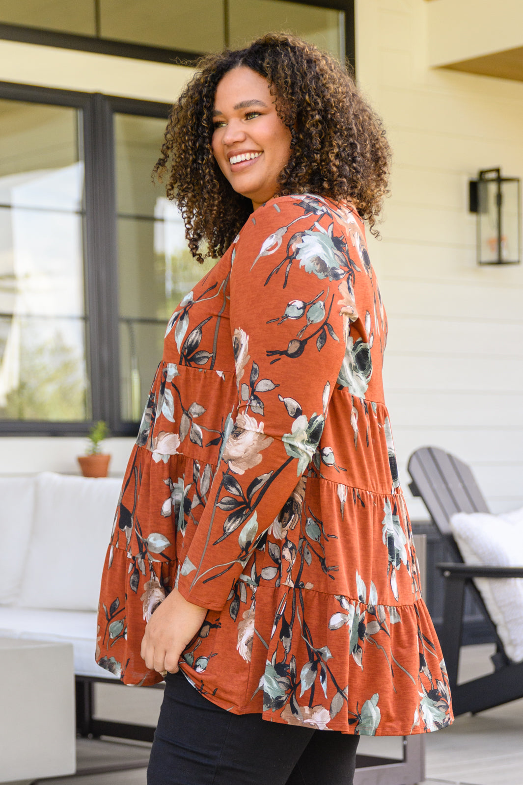 Lovely Meeting Tiered Floral Tunic In Rust