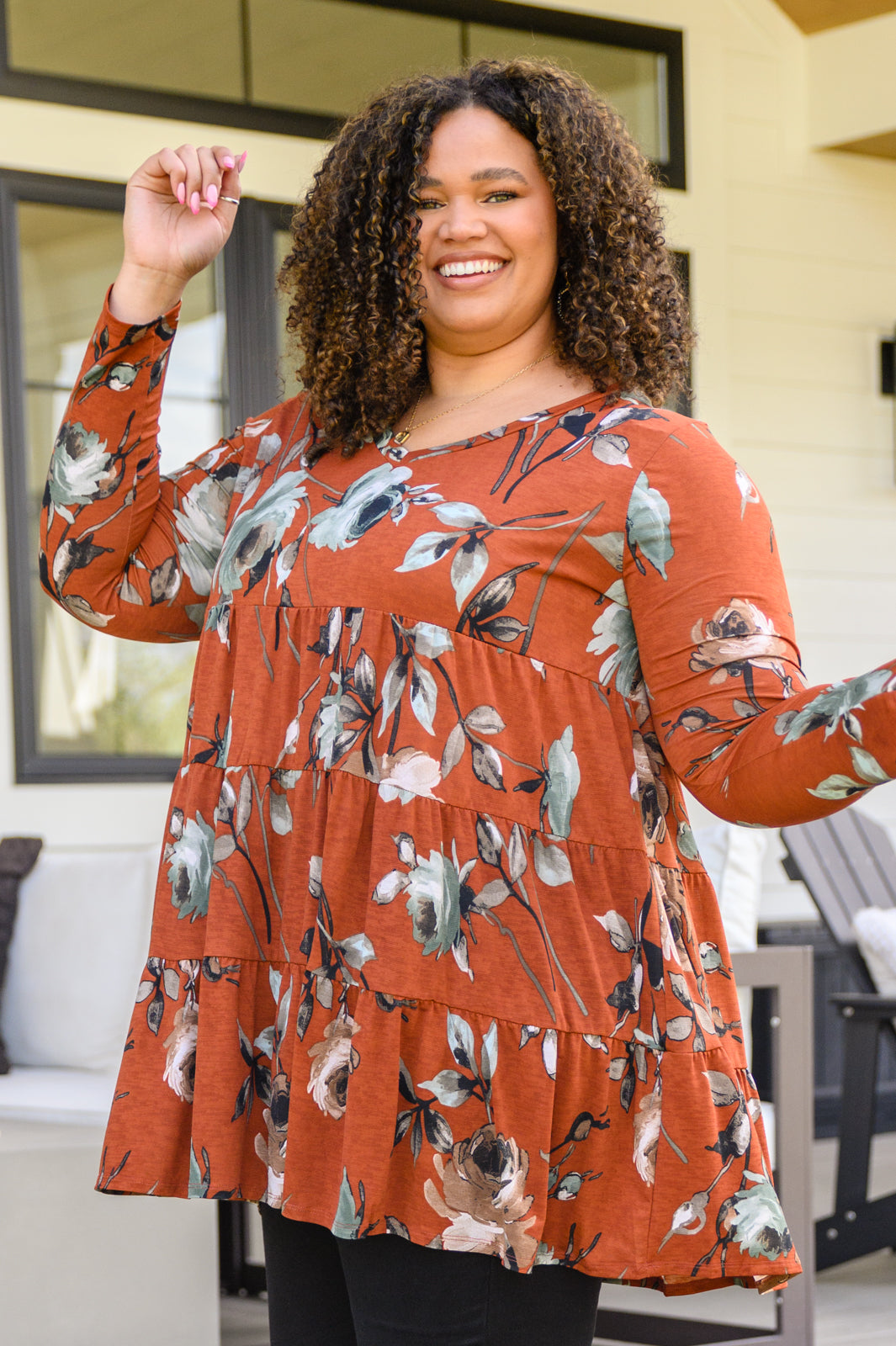 Lovely Meeting Tiered Floral Tunic In Rust
