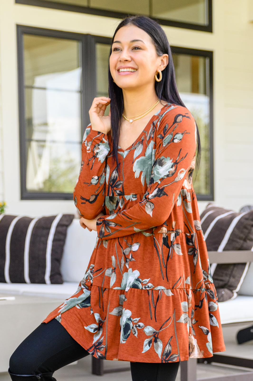 Lovely Meeting Tiered Floral Tunic In Rust