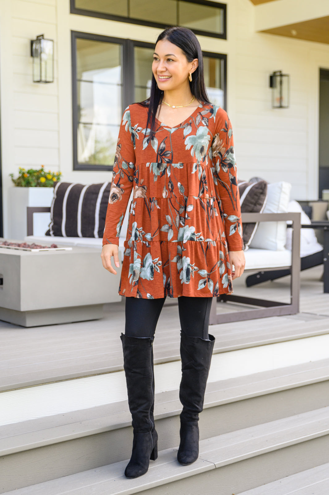 Lovely Meeting Tiered Floral Tunic In Rust