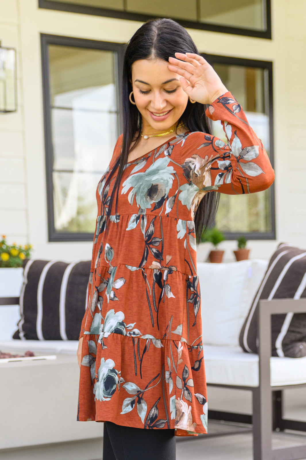 Lovely Meeting Tiered Floral Tunic In Rust