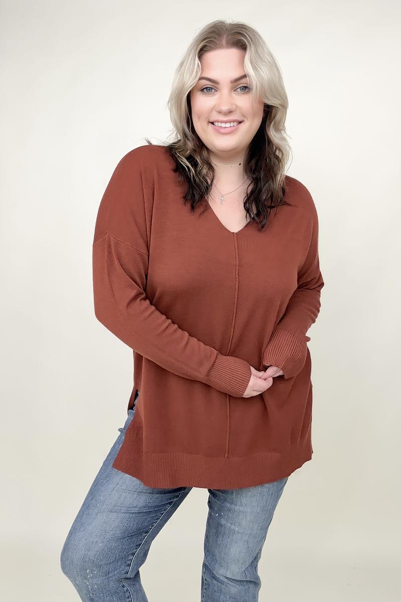 Hi-Low Hem V Neck Knit Top - 2 Colors