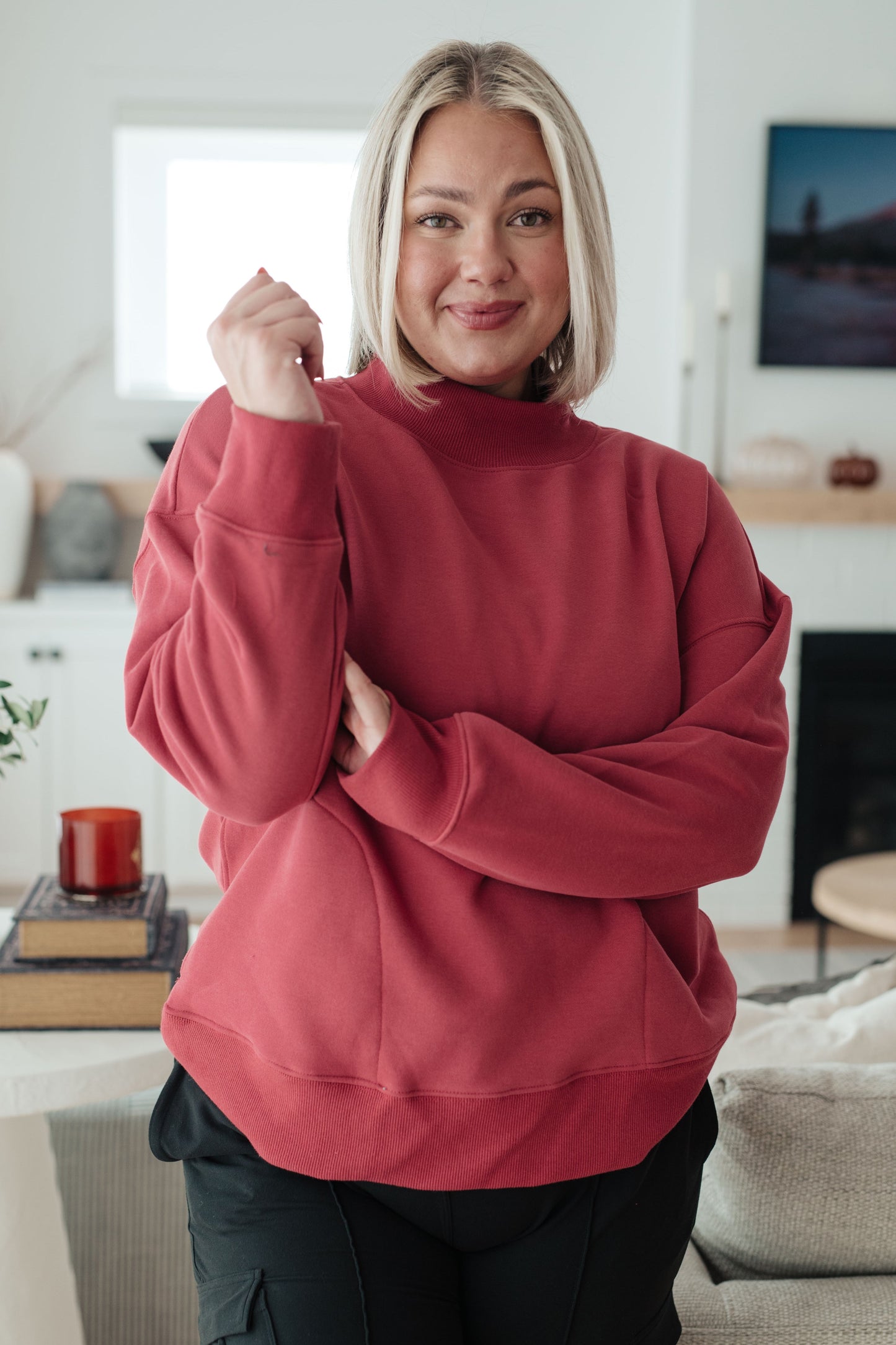 Leena Mock Neck Pullover in Cranberry