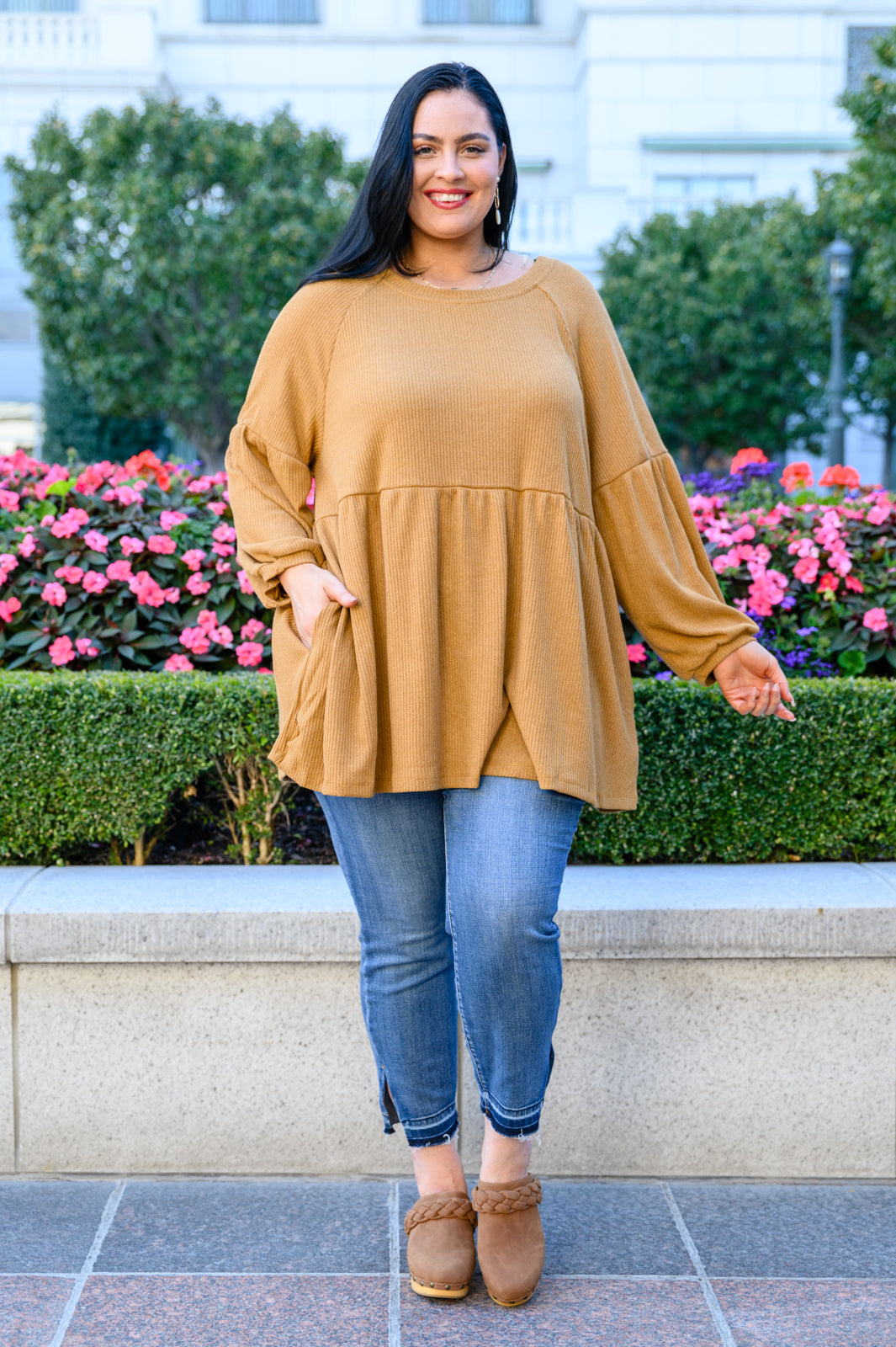 Ribbed Knit Raglan Tunic In Mustard