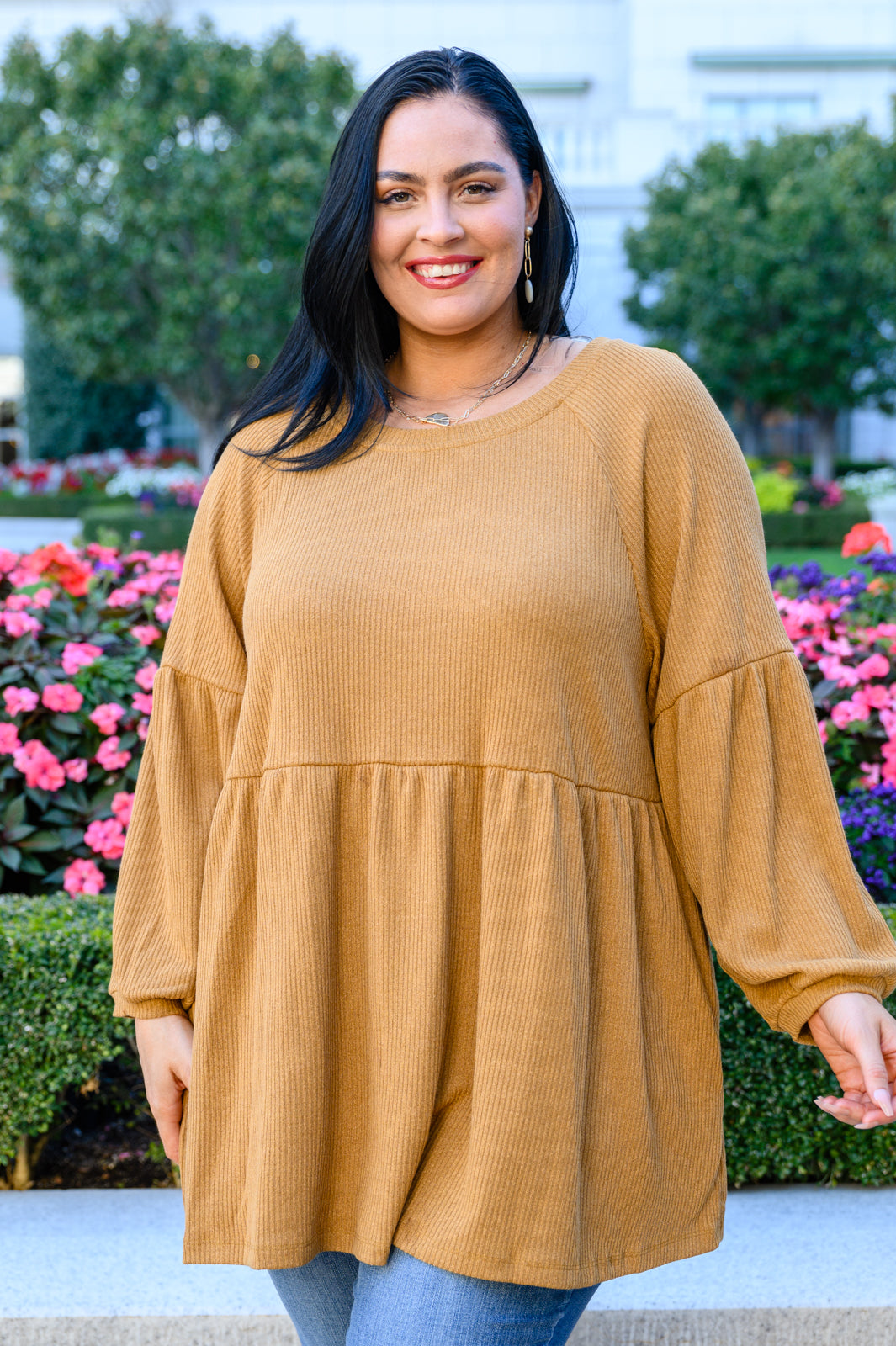 Ribbed Knit Raglan Tunic In Mustard