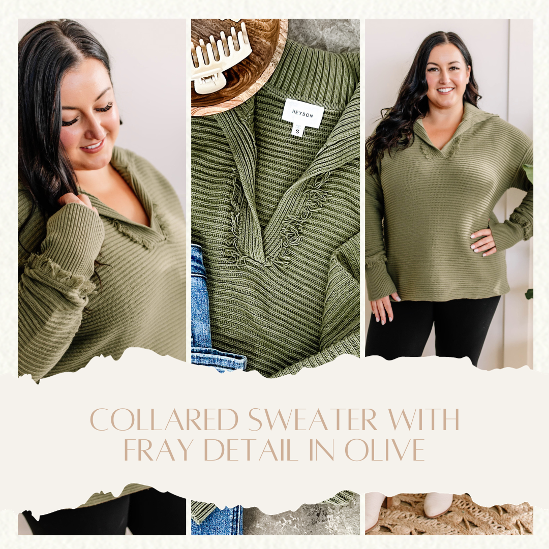 Collared Sweater With Fray Detail In Olive