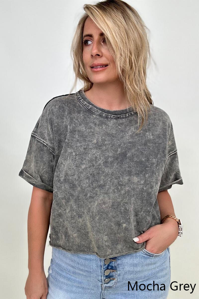 French Terry Acid Wash Raw Edge Crop Top - Multiple colors