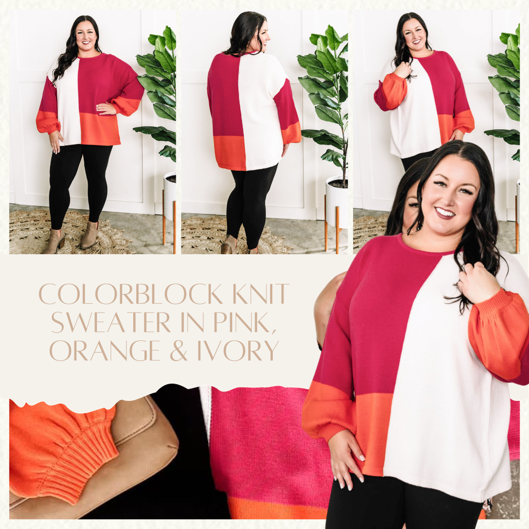 Colorblock Knit Sweater In Pink, Orange & Ivory