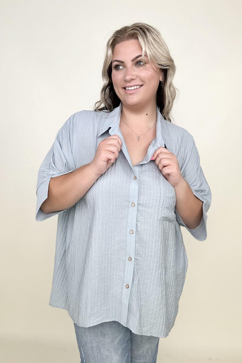 Pleated Batwing Short Sleeve Button Up Top - Multiple Colors