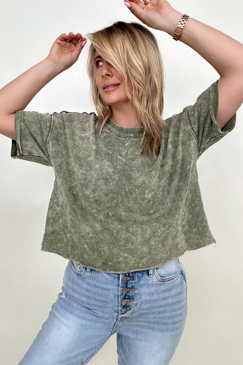 French Terry Acid Wash Raw Edge Crop Top - Multiple colors