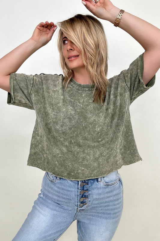 French Terry Acid Wash Raw Edge Crop Top - Multiple colors