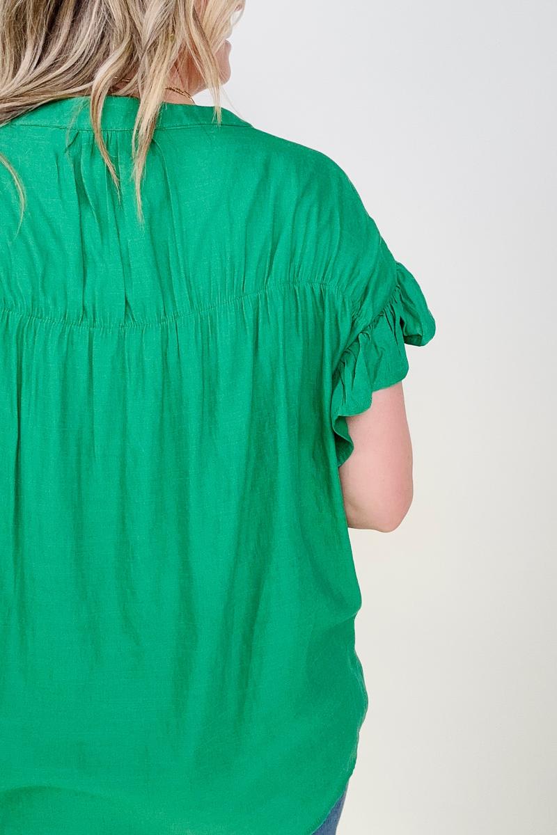 Woven Button Down Ruffle Sleeve Top - Multiple Colors