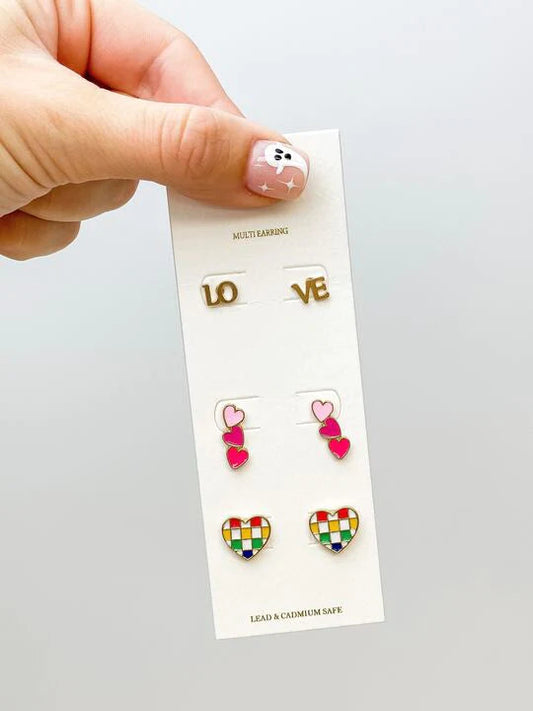 PREORDER: LOVE Heart Trio Earrings in Multicolor