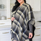 Plaid Fringe Trimmed Open Poncho in Black