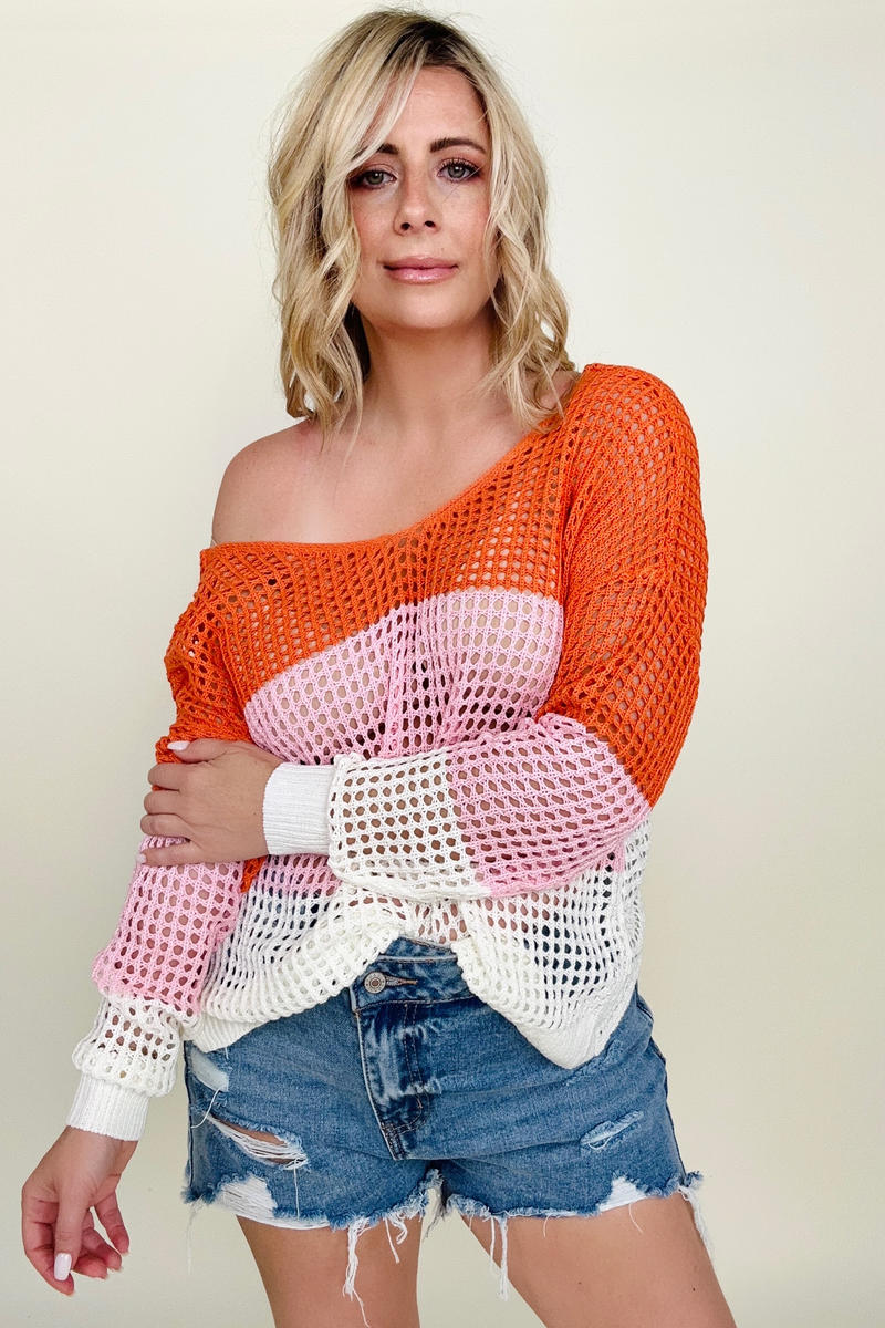 Crochet Colorblock Long Sleeve Twisted Back Top