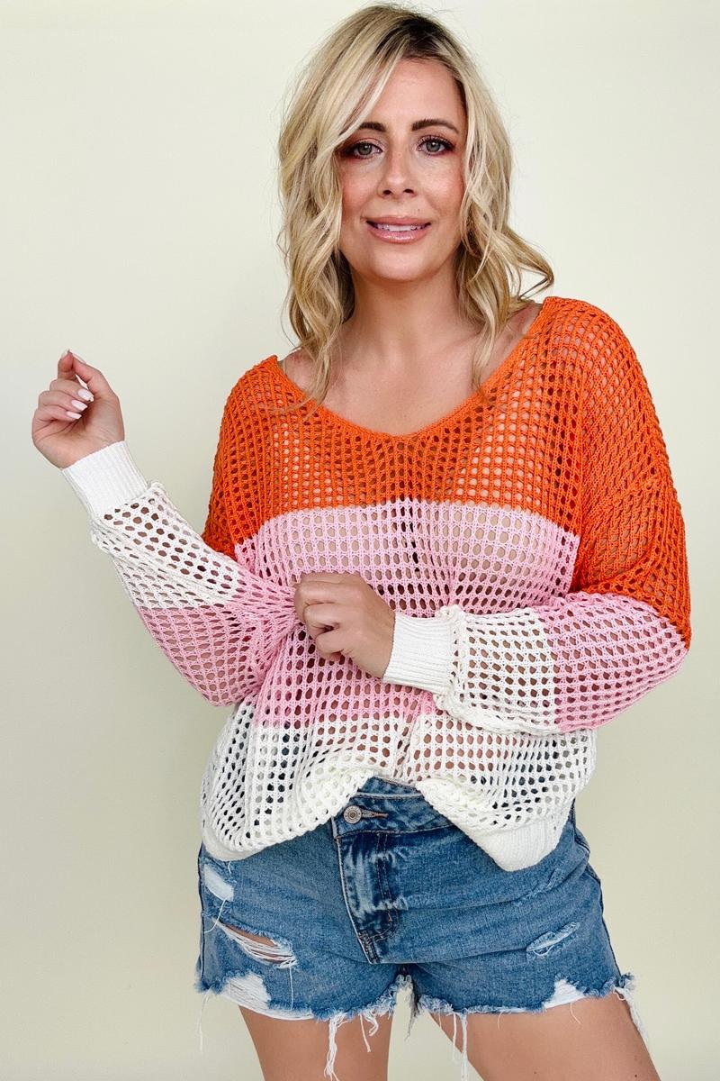 Crochet Colorblock Long Sleeve Twisted Back Top