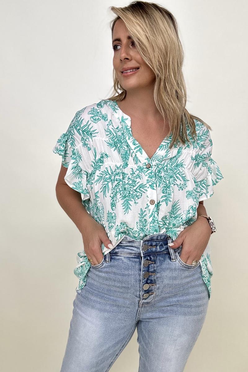 Floral Print Button Down Ruffle Sleeve Top