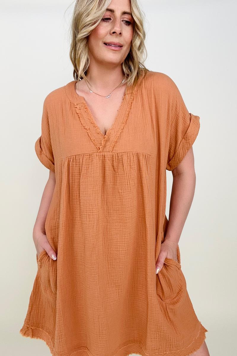 Gauzy Raw Edge V-Neck Dress - Multiple Colors