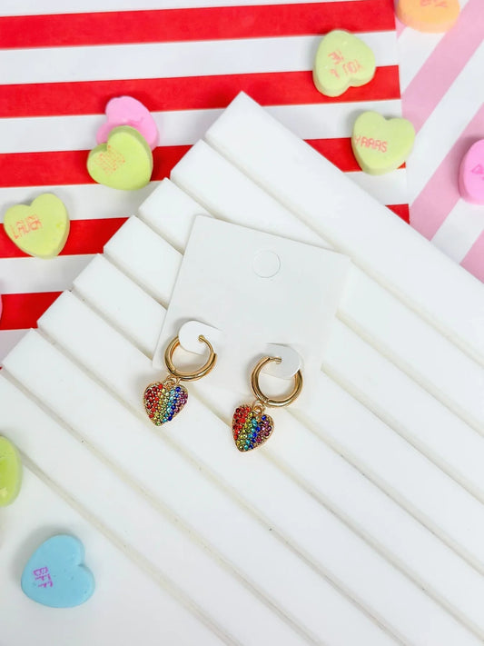 PREORDER: Rainbow Pave Heart Dangle Huggies