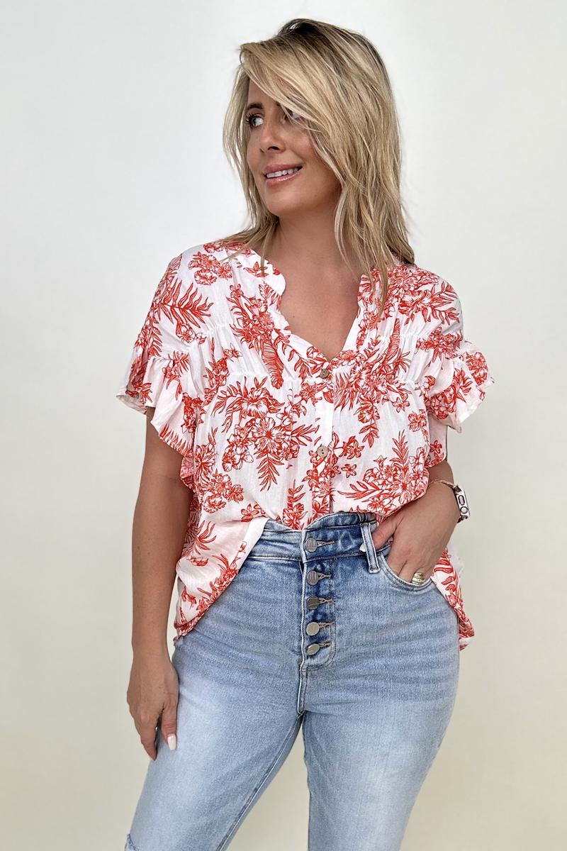 Floral Print Button Down Ruffle Sleeve Top