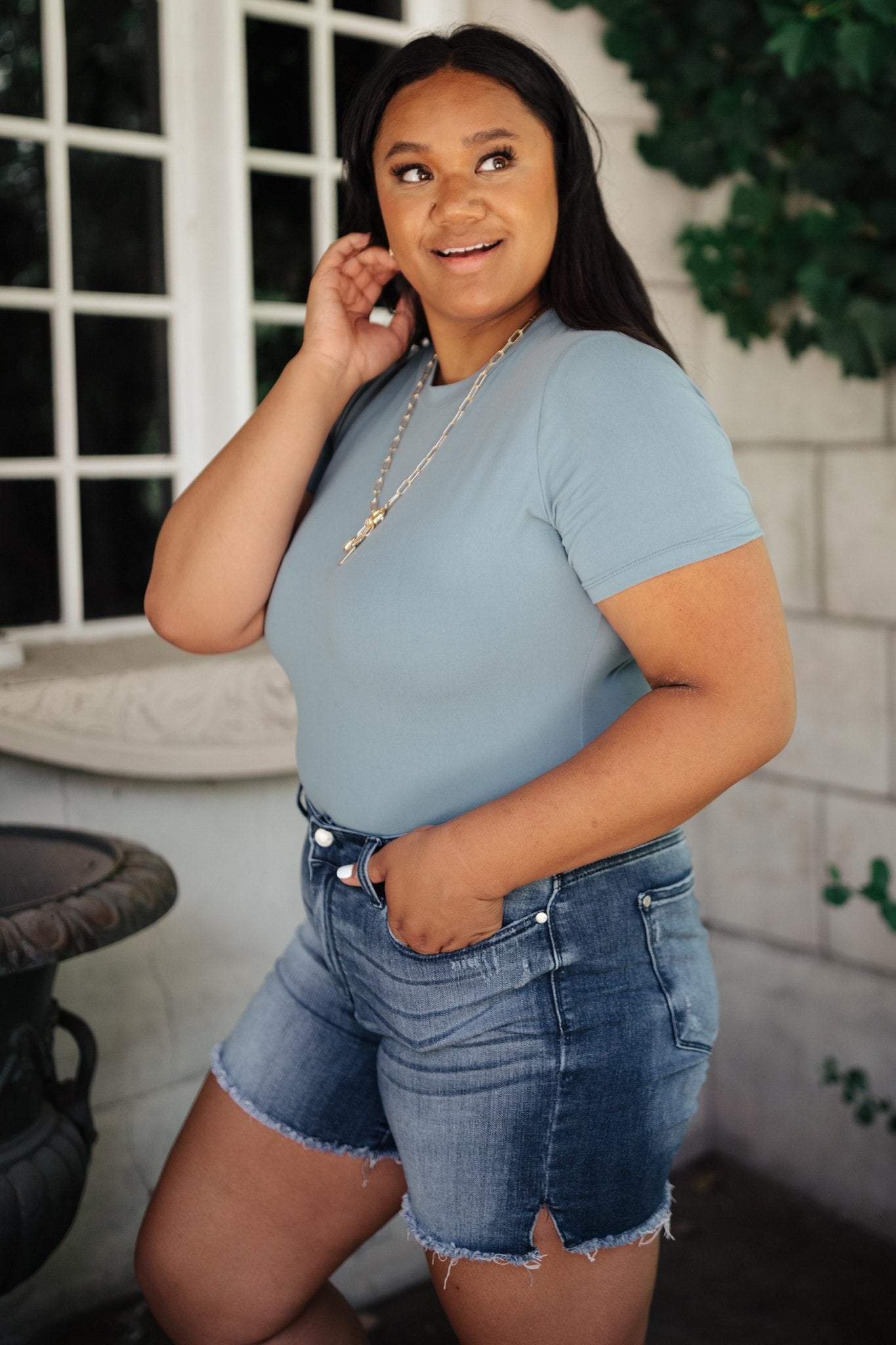 Round Neck Bodysuit In Blue