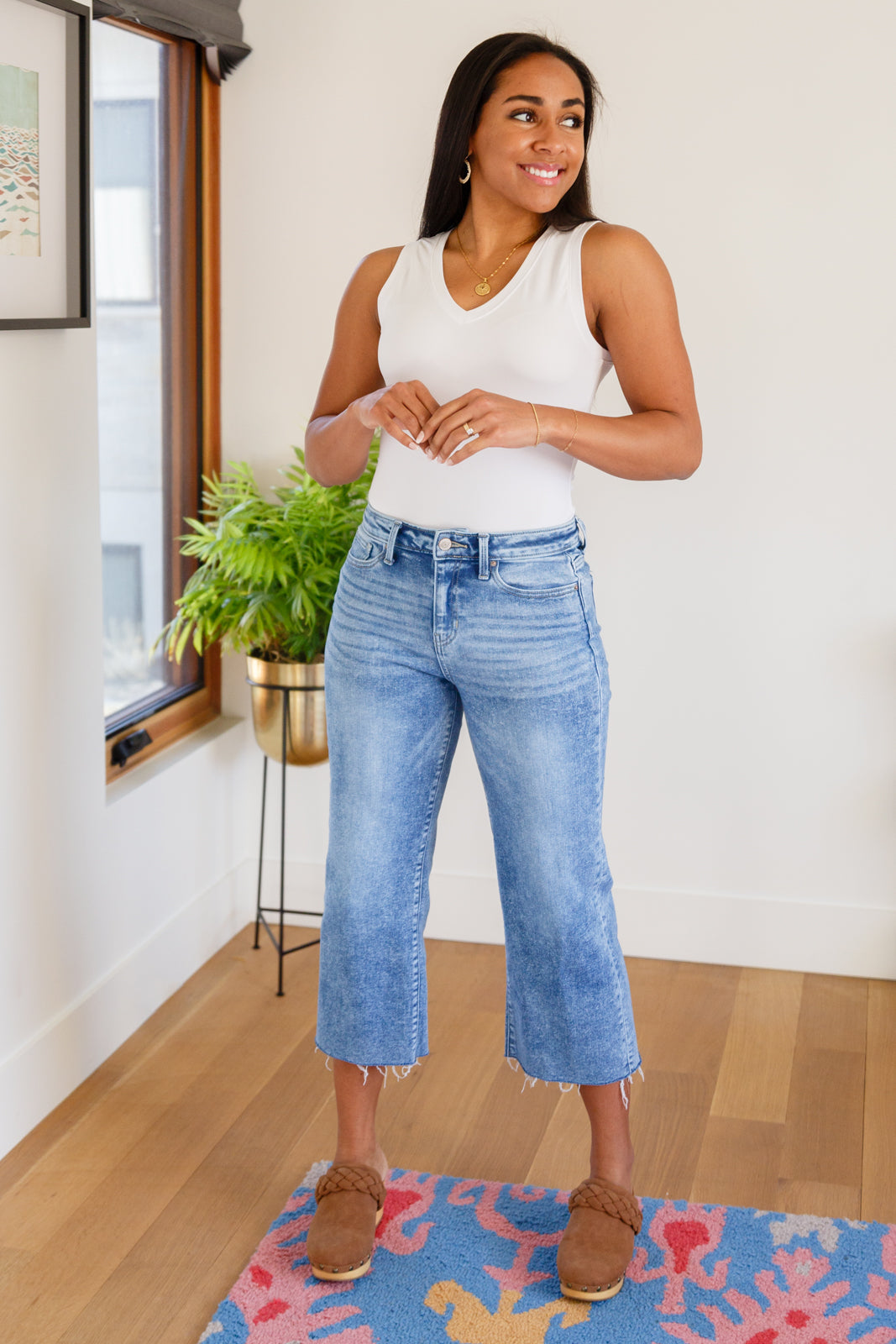 Zenana Raw Hem Wide Leg Cropped Jeans