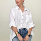 Pleated Batwing Short Sleeve Button Up Top - Multiple Colors