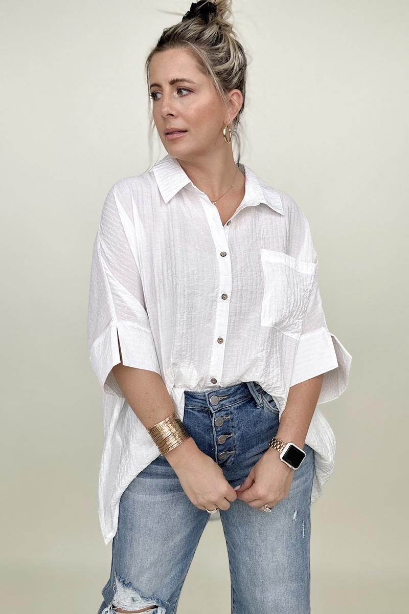 Pleated Batwing Short Sleeve Button Up Top - Multiple Colors
