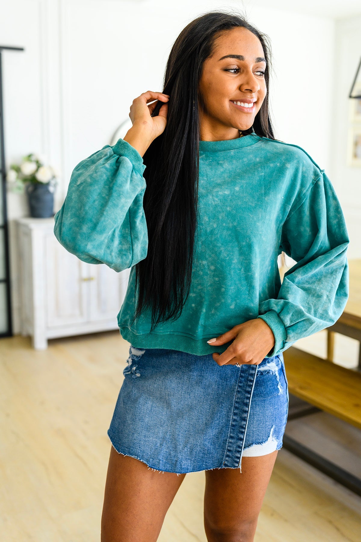 Tied Up In Cuteness Mineral Wash Sweater in Teal