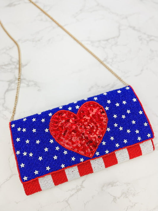 PREORDER: USA Heart Sequin Crossbody Chain Clutch