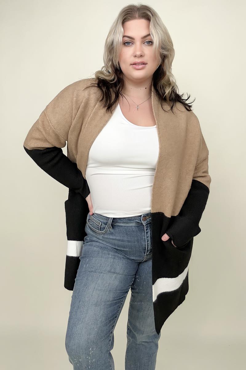 Latte Colorblock Cardigan With Patch Pockets