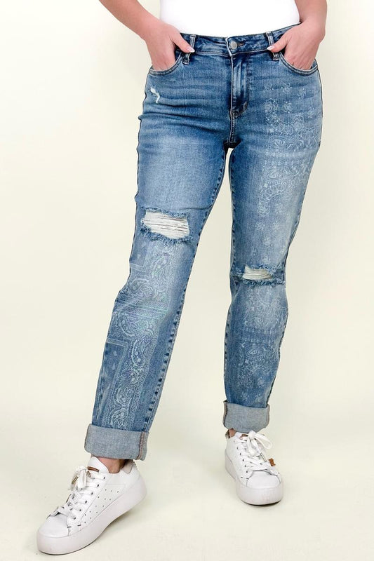 Judy Blue Paisley Print Boyfriend Jeans