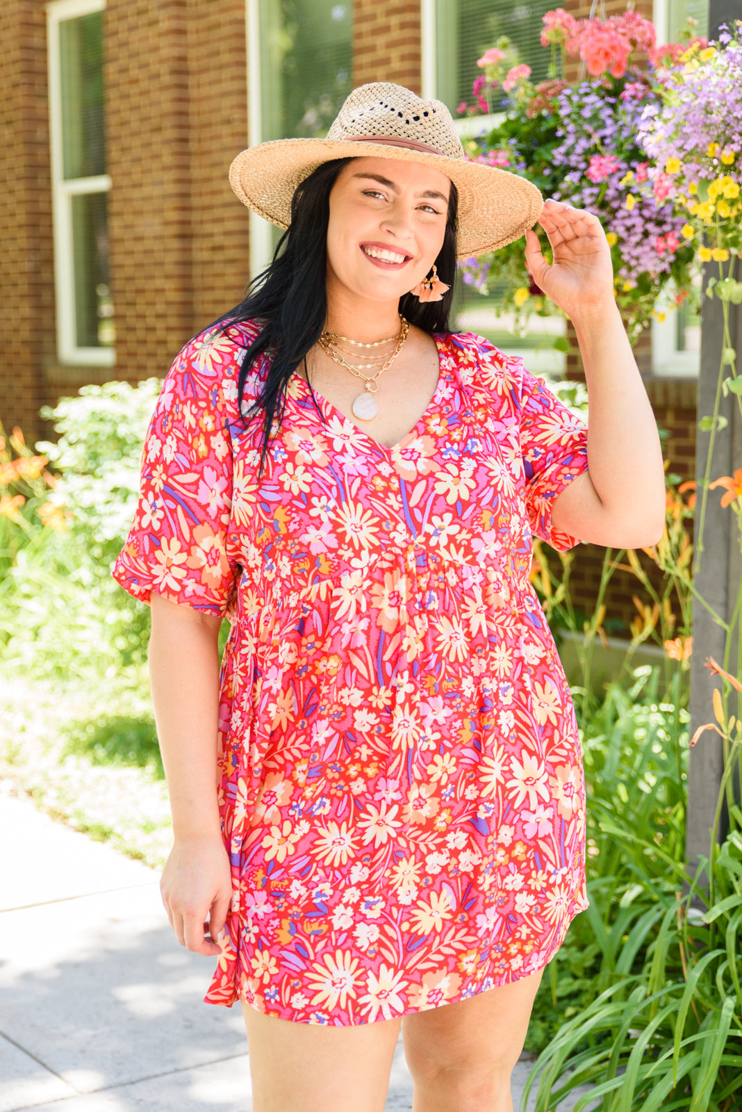 Vintage Daisies Dress In Hot Coral