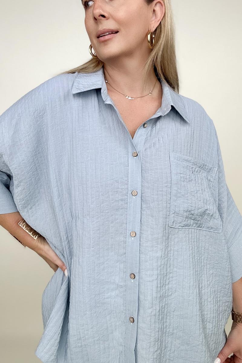 Pleated Batwing Short Sleeve Button Up Top - Multiple Colors