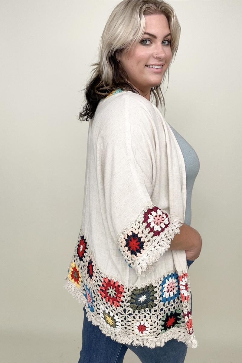 Linen Blend Patch Crochet Kimono