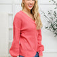 Wide V Neck Waffle Knit Sweater In Rose