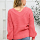 Wide V Neck Waffle Knit Sweater In Rose