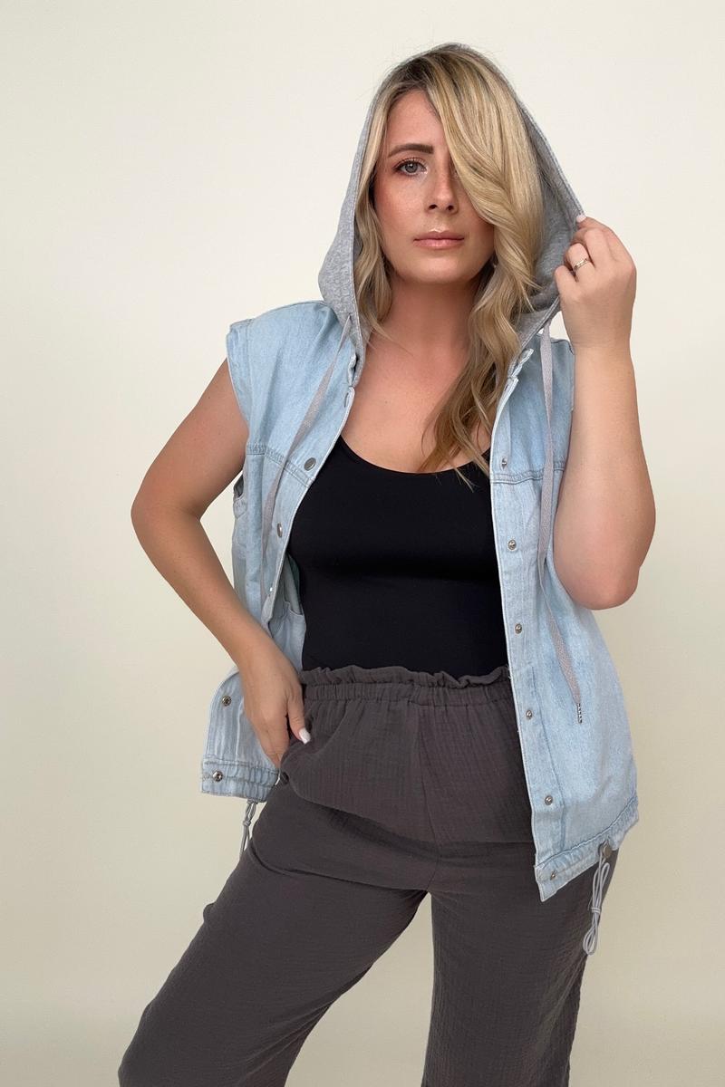 Relaxed Fit Hooded Denim Vest Jacket