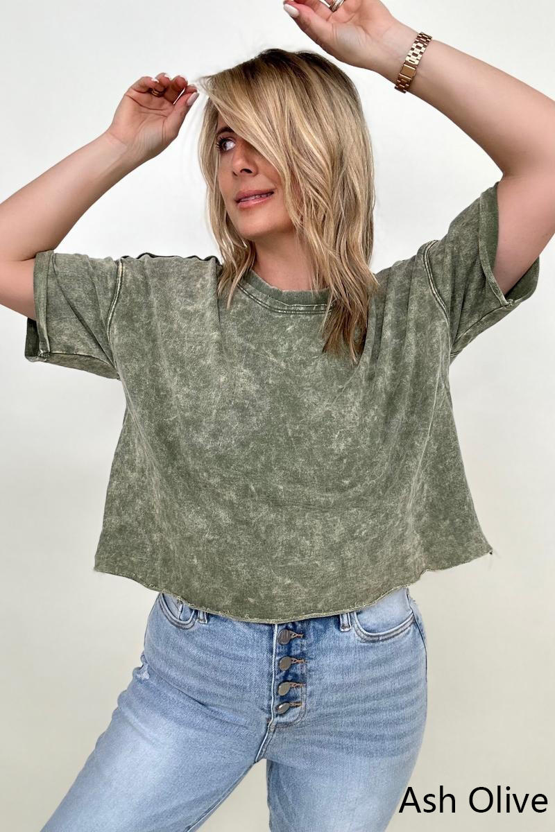 French Terry Acid Wash Raw Edge Crop Top - Multiple colors