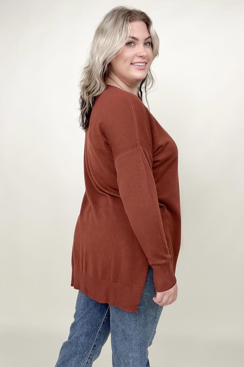 Hi-Low Hem V Neck Knit Top - 2 Colors