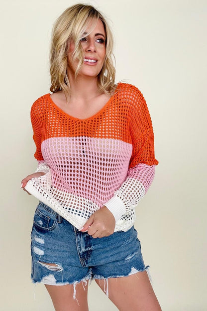 Crochet Colorblock Long Sleeve Twisted Back Top