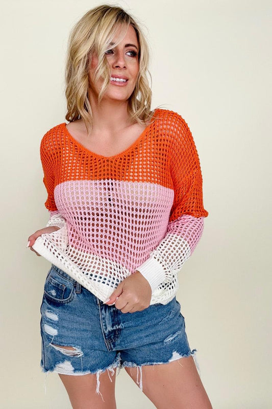 Crochet Colorblock Long Sleeve Twisted Back Top
