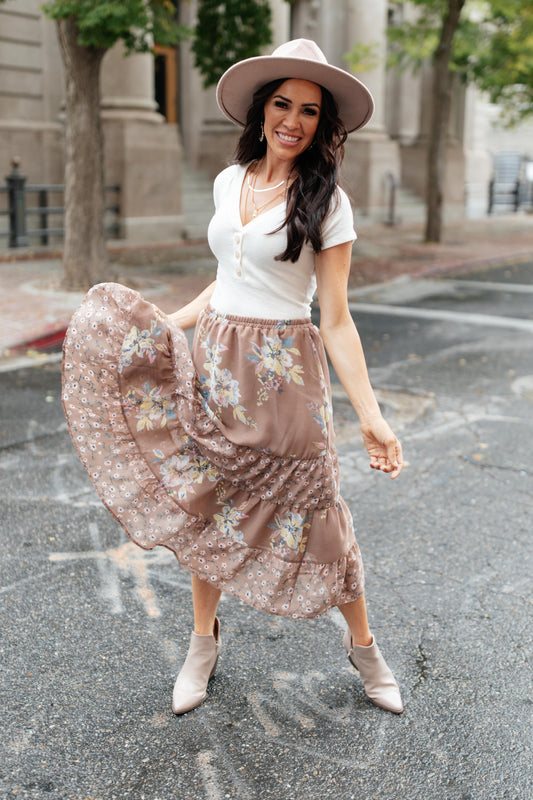 Zoe Floral Middi Skirt in Mocha