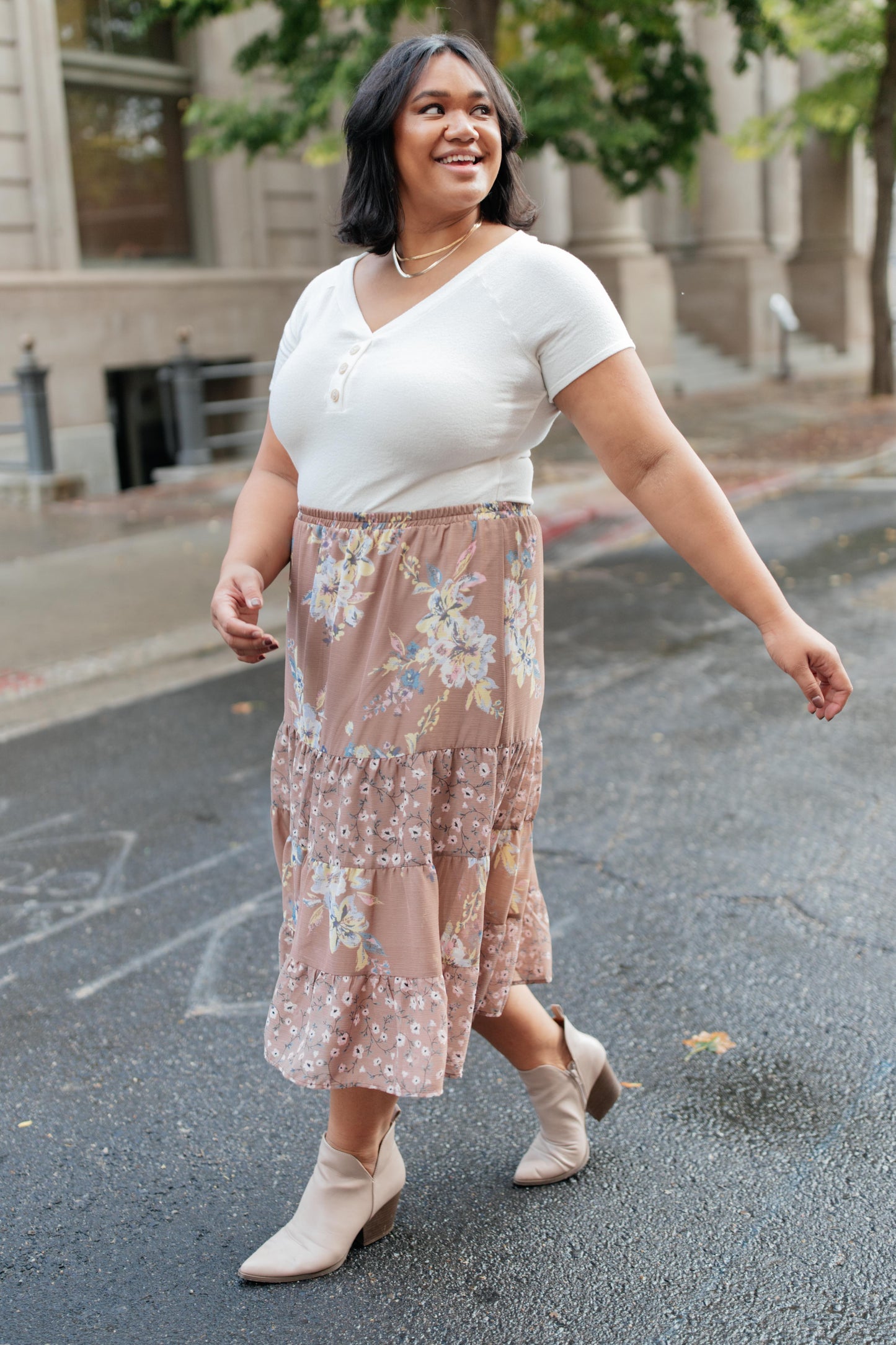 Zoe Floral Middi Skirt in Mocha