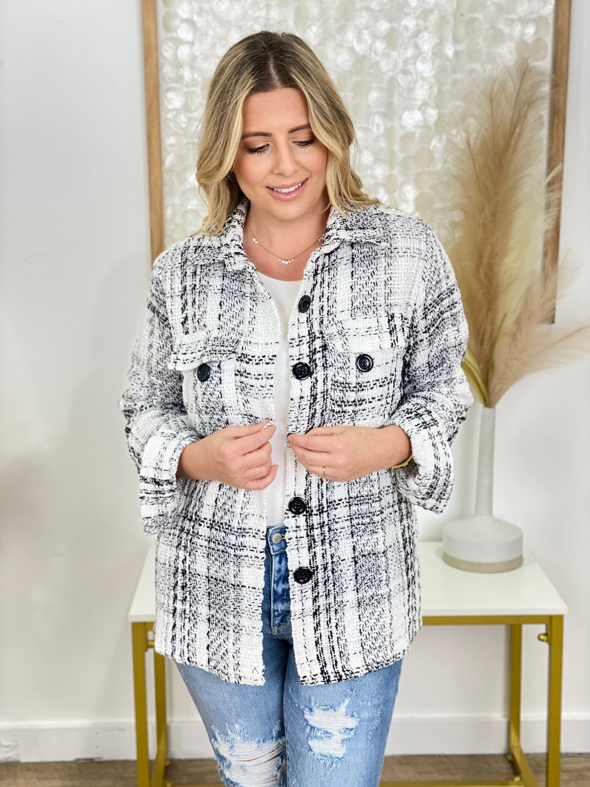Loose Plaid Button Long-Sleeved Jacket With Pocket