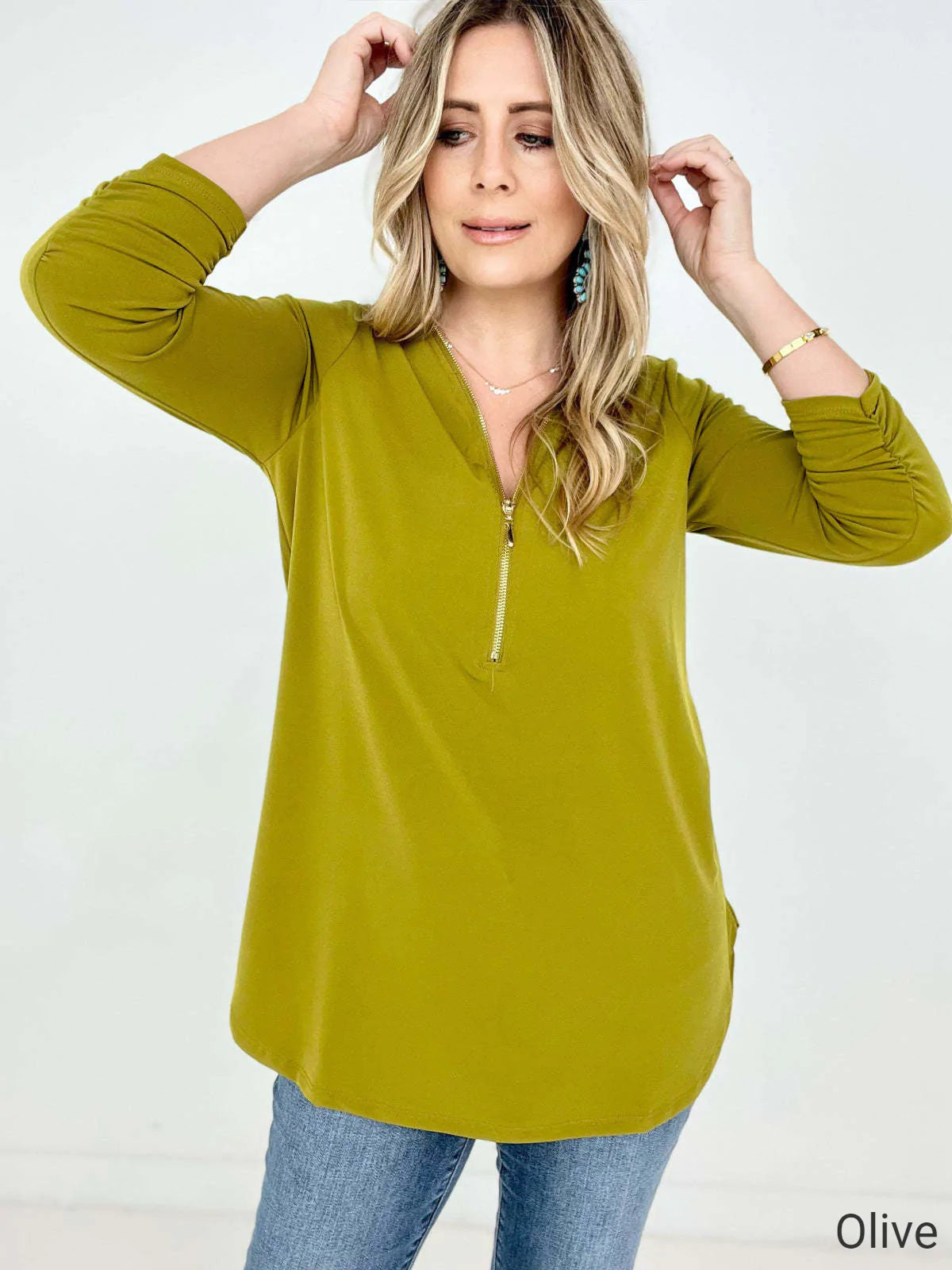Front Zip-Up 3/4 Sleeve Top