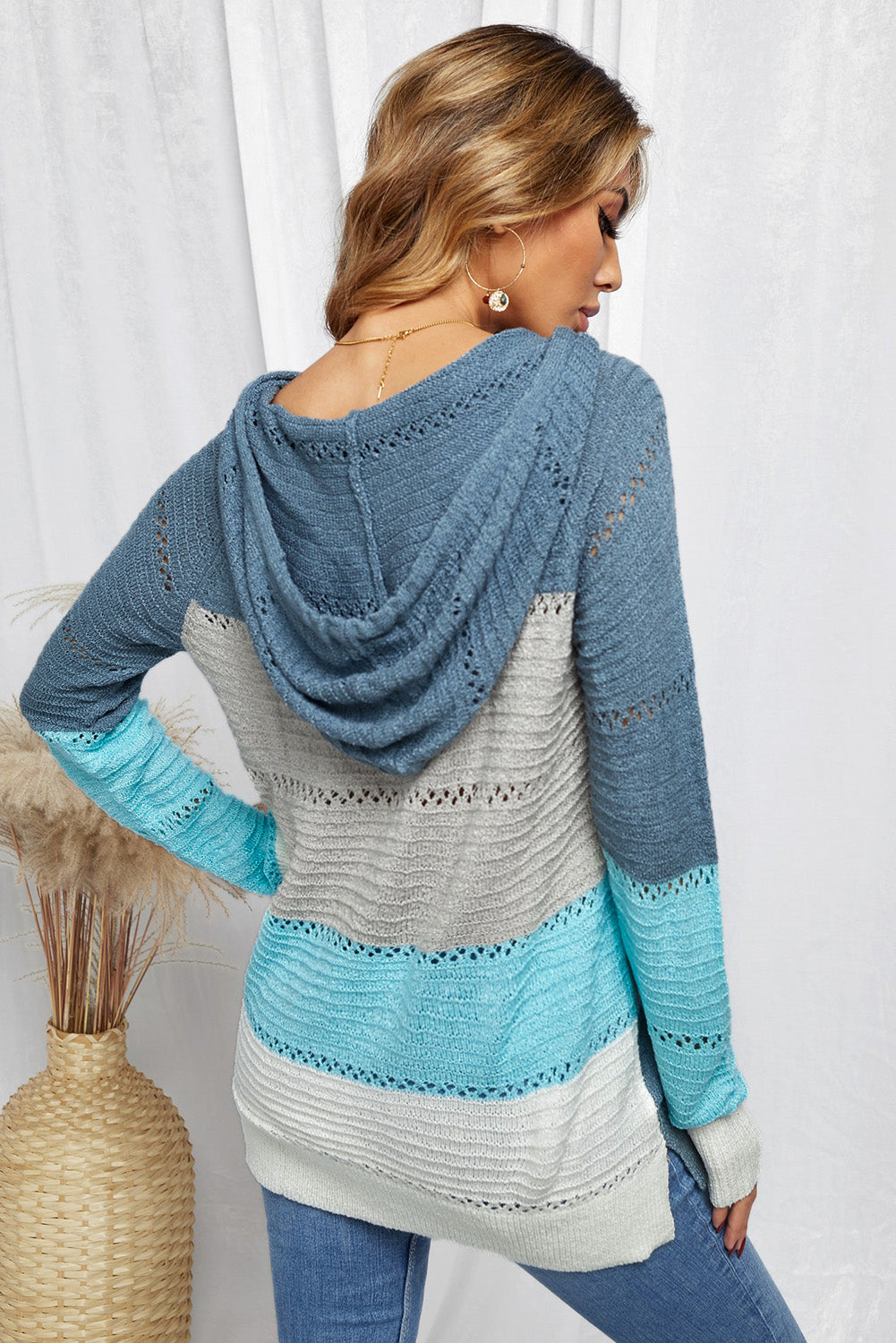 Color Block Knitted Hoodie - Multiple Colors Available