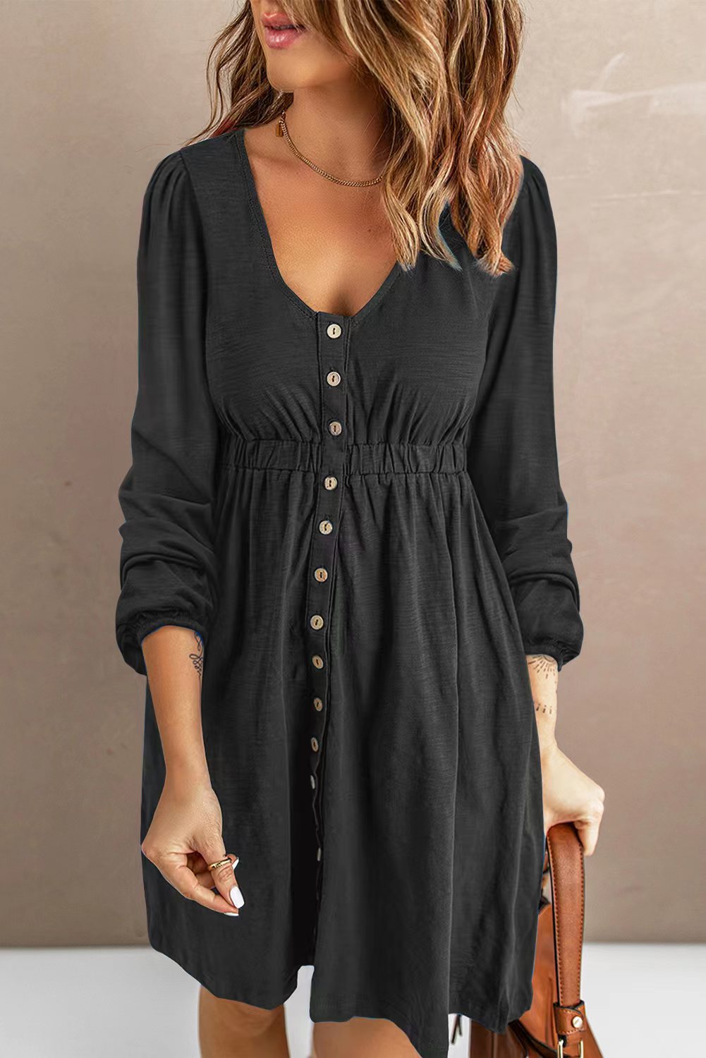 Scoop Neck Button Front Dress - (Black, Green, Gray and Blue)