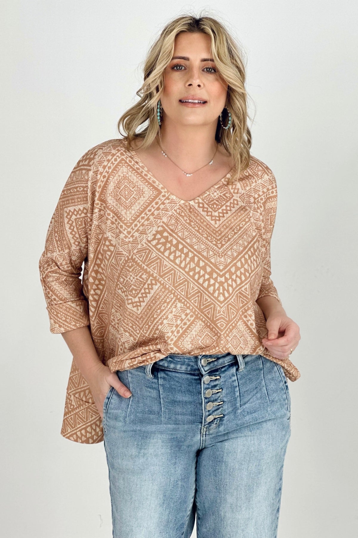 Aztec Print French Terry V Neck Top